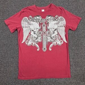 Redemption Graphic T-Shirt Mens Small Burgundy Red Skull Cross Affliction Style